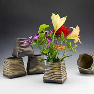 Ridged Box Vase of Black Clay - Hand built