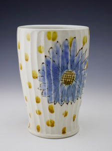 Carved and Painted  - Blue Flower Tumbler w/Dots