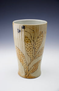 Tumbler - Carved &  Decorated - Leaf, Dots & Blue Flower