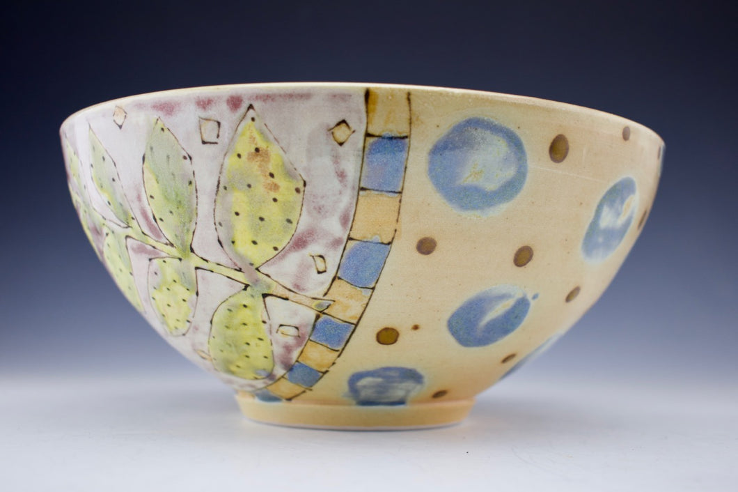 Botanical and Dots -Serving Bowl - Salt Fired Porcelain