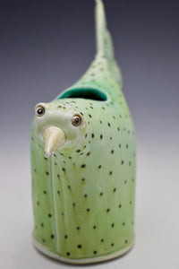 Bird Vase - Green with Dots - Salt Fired Porcelain