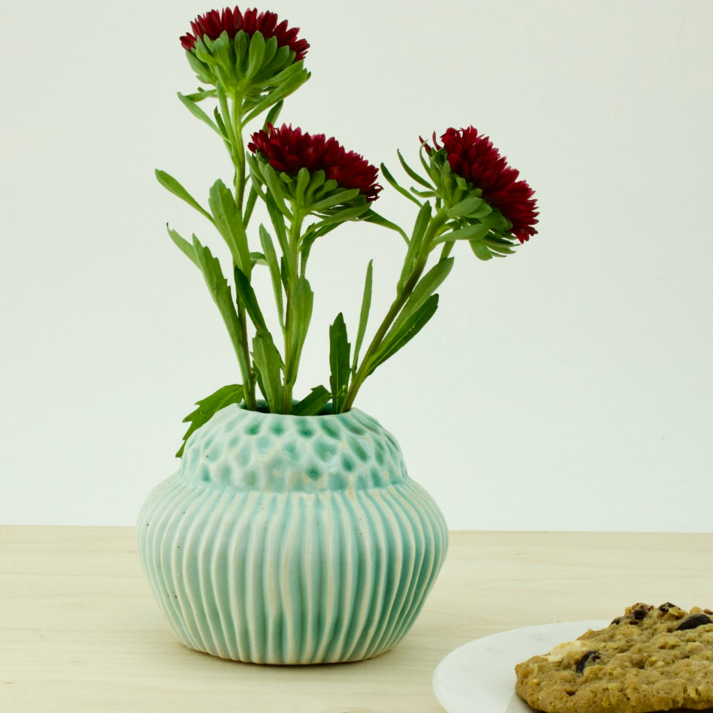 Pod Vase -Double Carved _Vertical Stripes & Facets - Teal to White