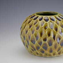 Load image into Gallery viewer, Pod Vase -Carved Facets - Salt Fired Amber Celedon
