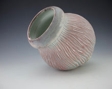 Load image into Gallery viewer, Carved Vase - Salt fired - Smokey pinks, reds and purples