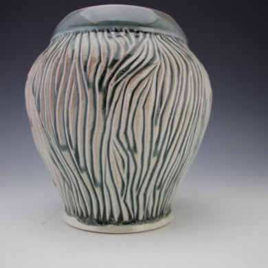 Carved Porcelain Vase - Salt fired - Stoney Blue with blush of Pink