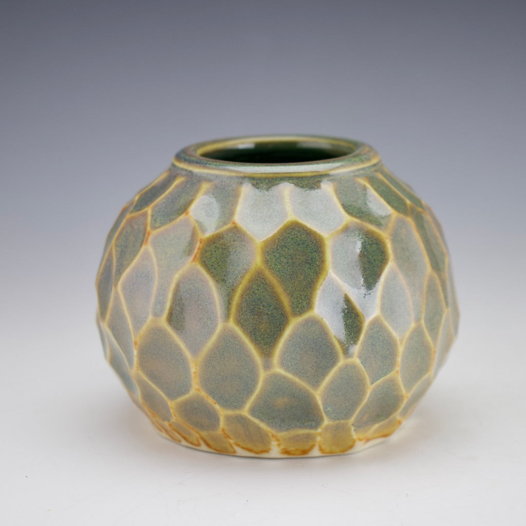 Pod Vase -Carved Facets - Salt Fired Woo Blue