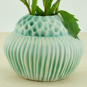 Pod Vase -Double Carved _Vertical Stripes & Facets - Teal to White